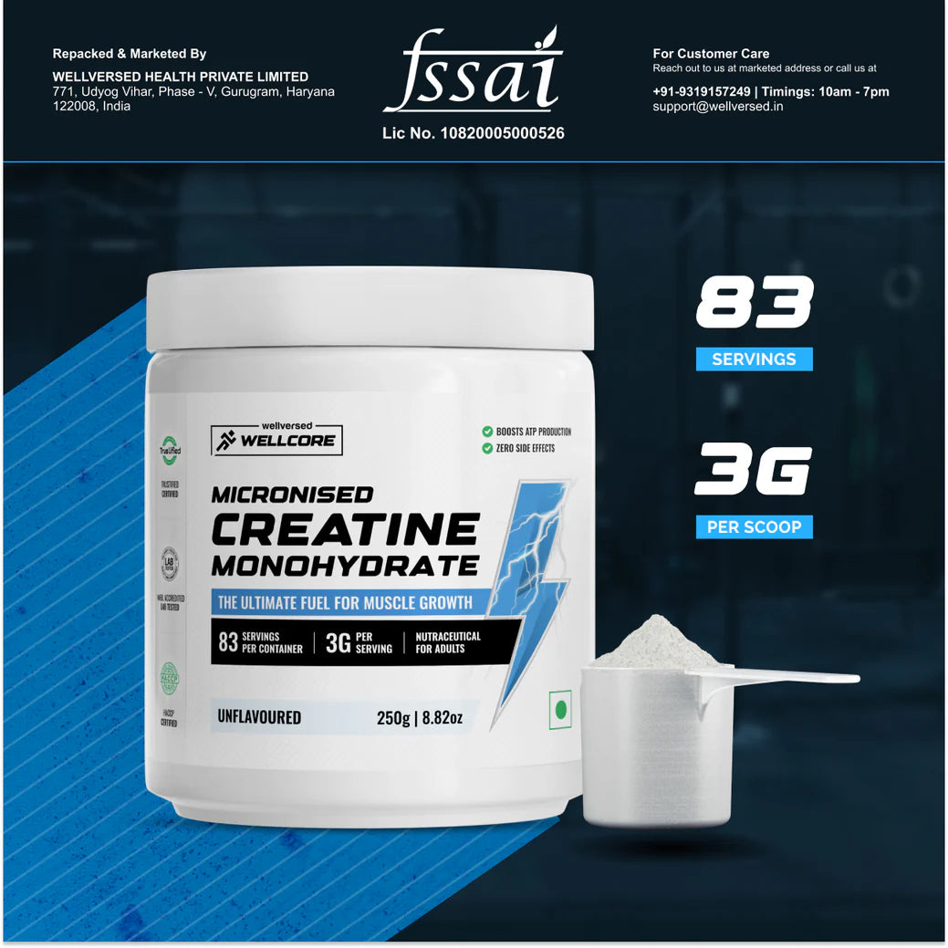 (Wellcore) - Micronised Creatine Monohydrate - 250 gm (0.67 Lb), UNFLAVOURED